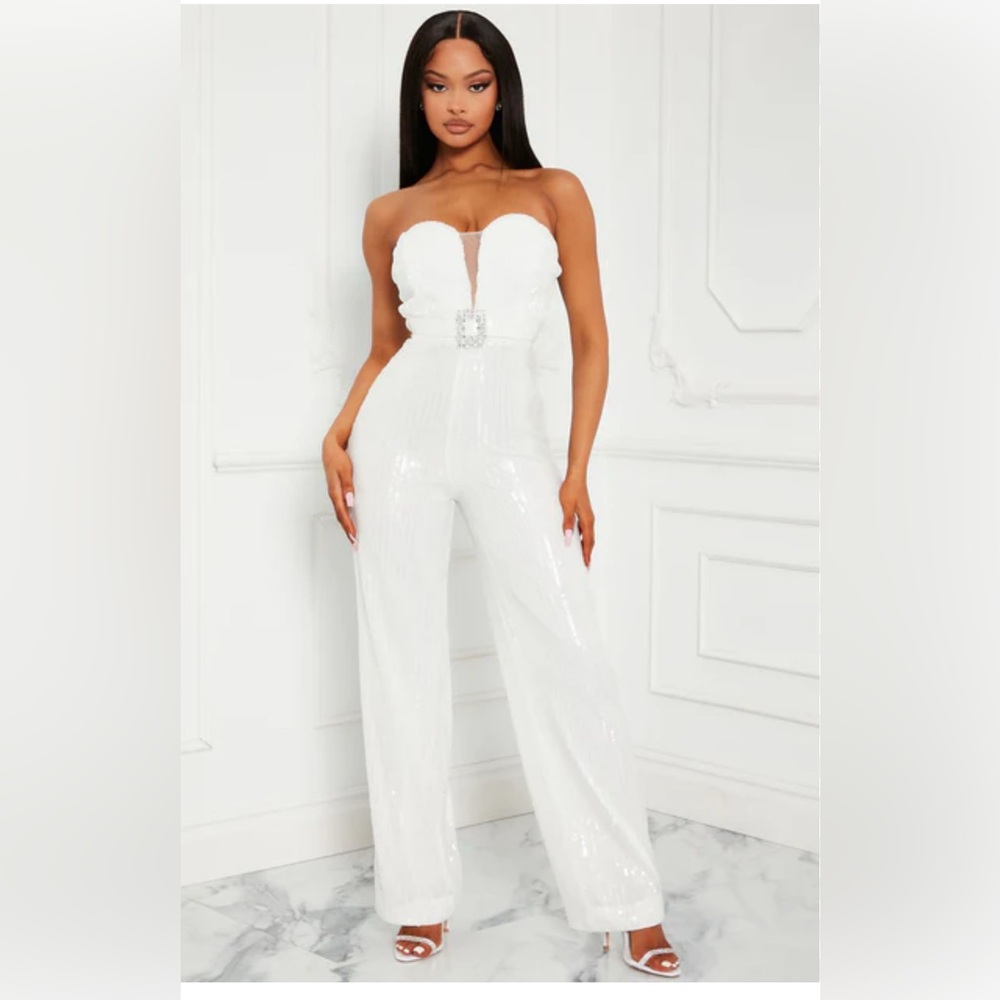 NWT FASHION NOVA party Vegas white sequin jumpsuit size medium